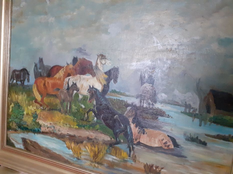 Stary obraz olej- Konie  przy rzece  w ramie.