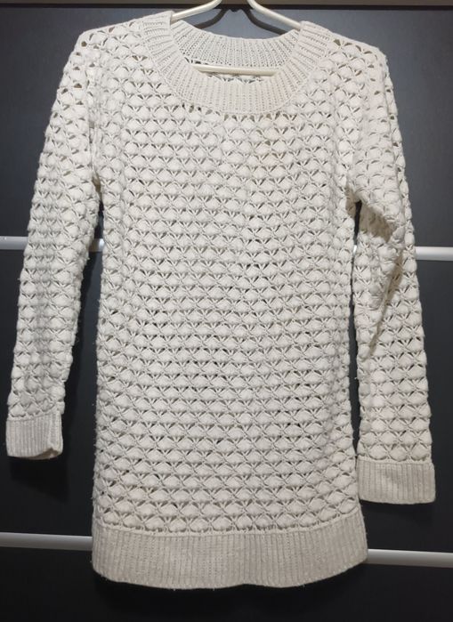 Sweter ażur złamana biel S/M długi nowy handmade