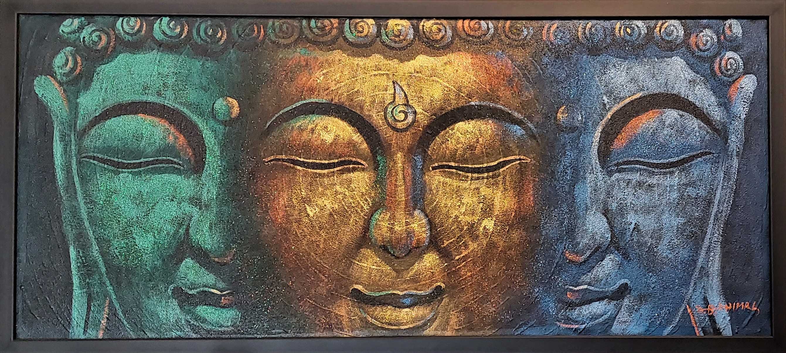 "Błyszczący Budda" olej na płótnie 91cm x 42cm, czarna rama