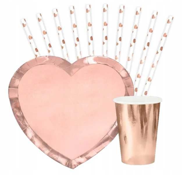 Talerzyki Serce Kubeczki Słomki Papierowe Zestaw Rose Gold 22 el.