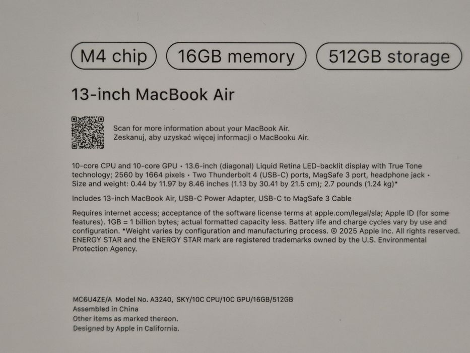 Nowy MacBook Air 13' M4 16/512GB Sky Blue