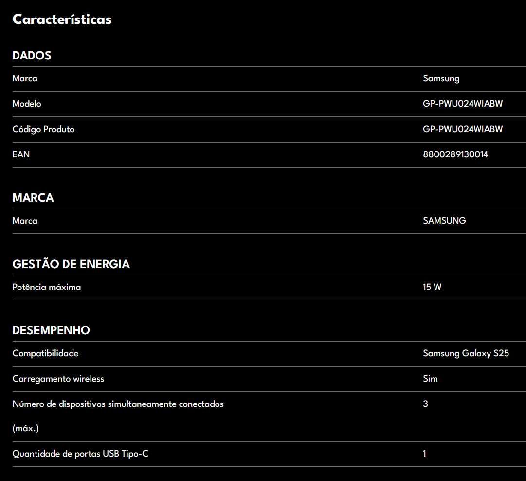 CARREGADOR WIRELESS SAMSUNG 3 EM 1