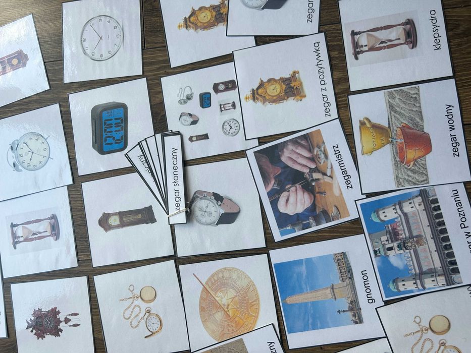 Karty trójdzielne, rodzaje zegarów, zegar, Montessori, do terapii, nau