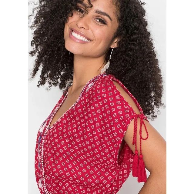 bonprix czerwona sukienka mini boho cold shoulders hafty frędzle 50
