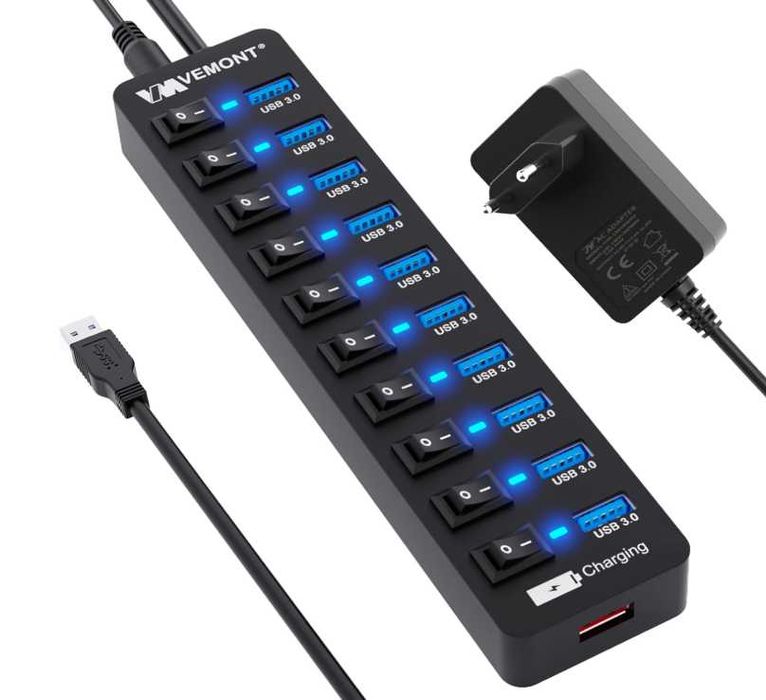 Zasilany koncentrator USB 3.0, VEMONT 11 portów USB hub
