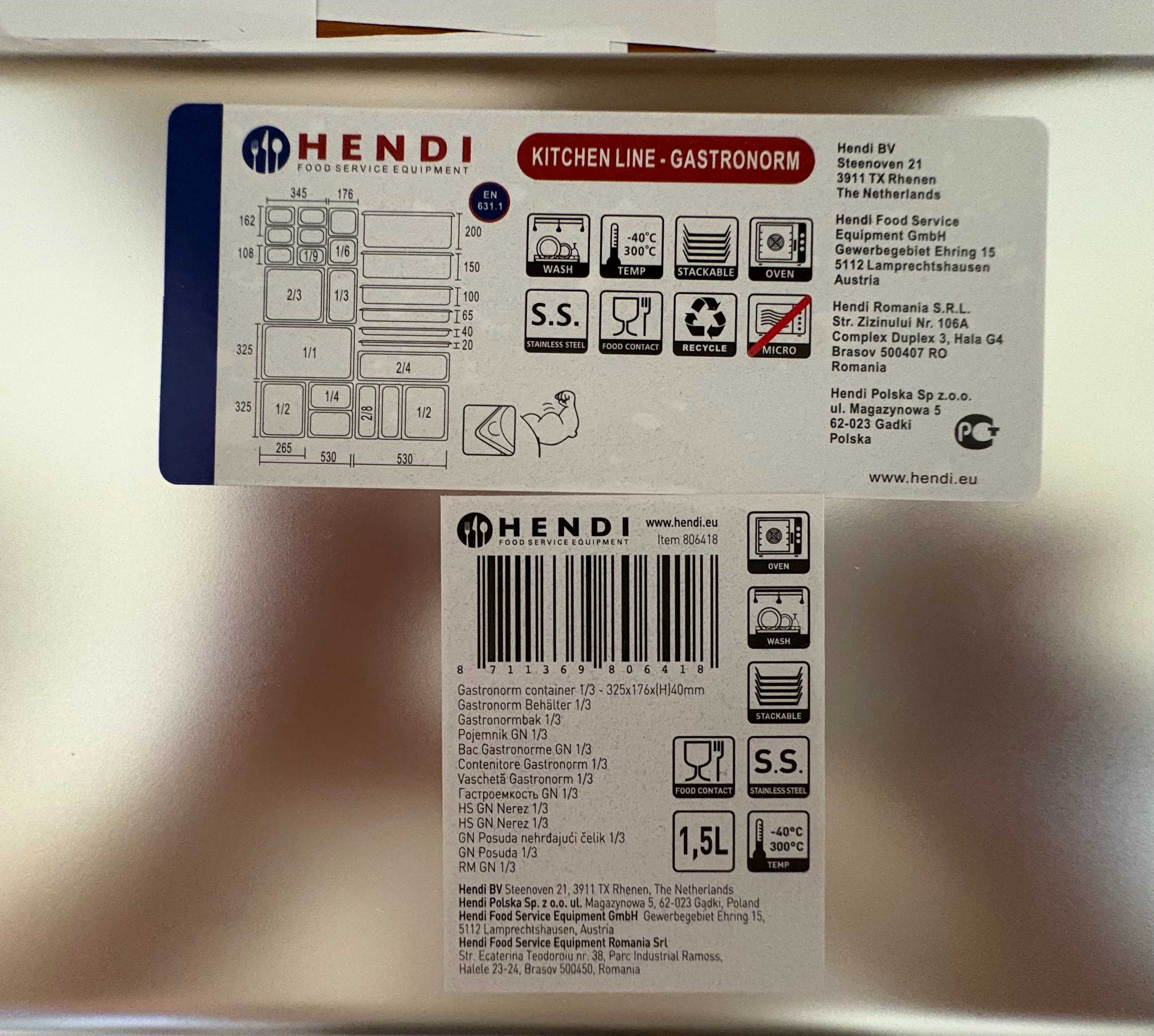 Гастроемкость GN 1/3 Hendi Kitchen Line 806418 + крышки 806845(7 штук)
