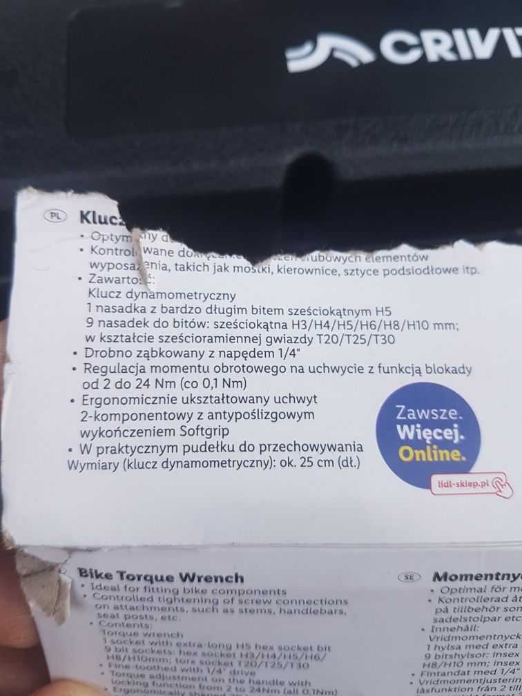 ZESTAW Klucz dynamometryczny 2-24Nm rowerowy Crivit