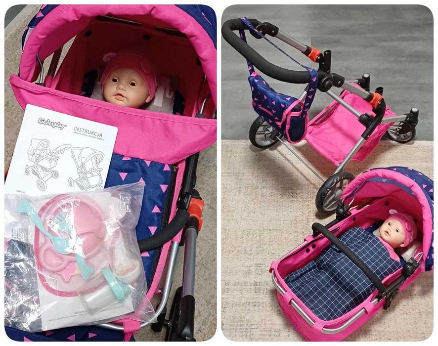 Wózek dla lalek duży 3w1 oraz lalka bobas z zestawem do karmienia