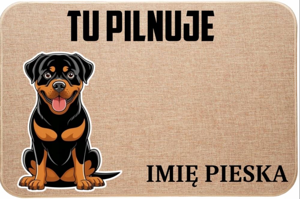 lniana wycieraczka wejściowa tu pilnuje + imię rottweiler