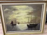 Obraz olejny marynistyczny 1969 morze statek statki 80 x 60 cm olej