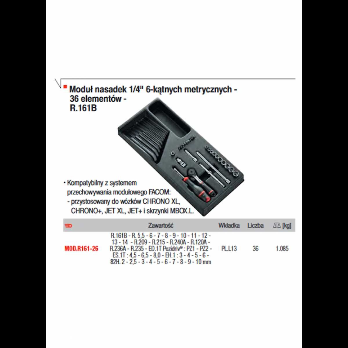 MOD.R161-26 moduł nasadek FACOM 1/4", 5,5-14 mm, grzechotka R.161B