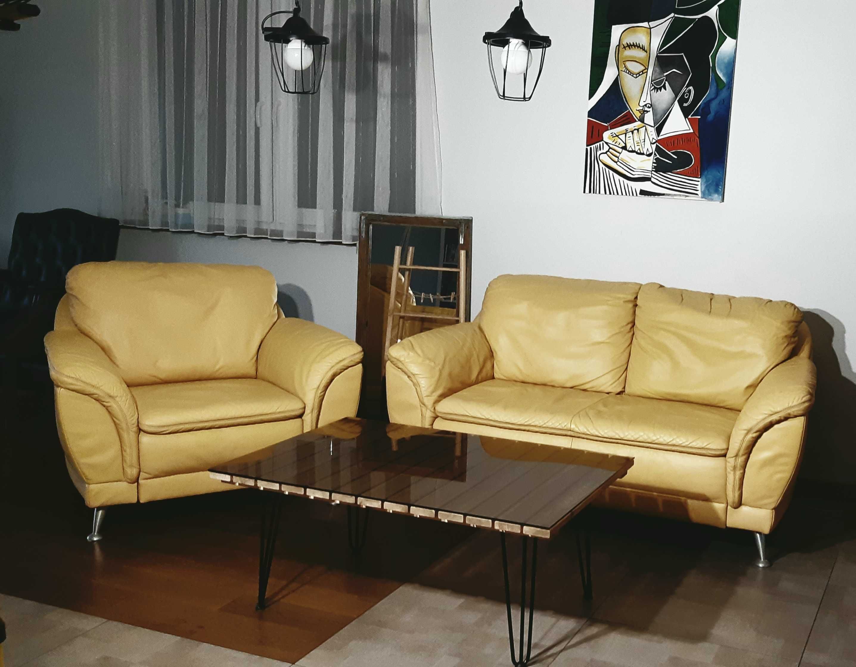 Zestaw wypoczynkowy sofa +fotel, żółta  skóra naturalna