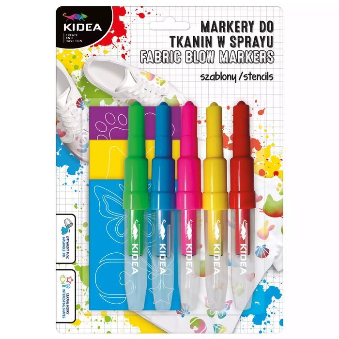 Markery do tkanin w sprayu z szablonami zwierzaki 5 kolorów. Derform