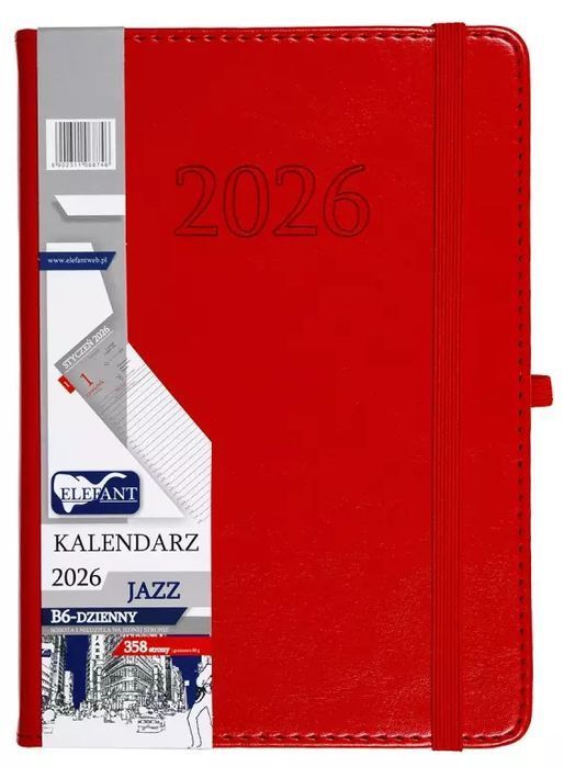 Kalendarz 2026 B6 dzienny Jazz, czerwony. Elefant