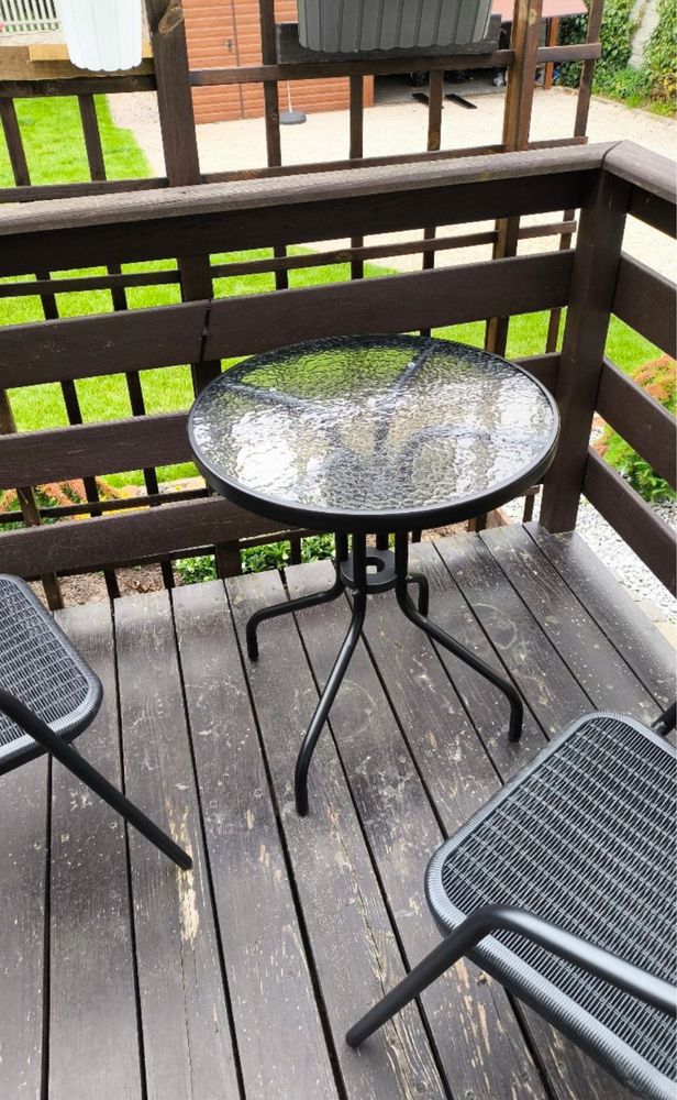 Stolik Stół na Taras Balkon Ogród Okrągły Szklany - Elegancki Czarny
