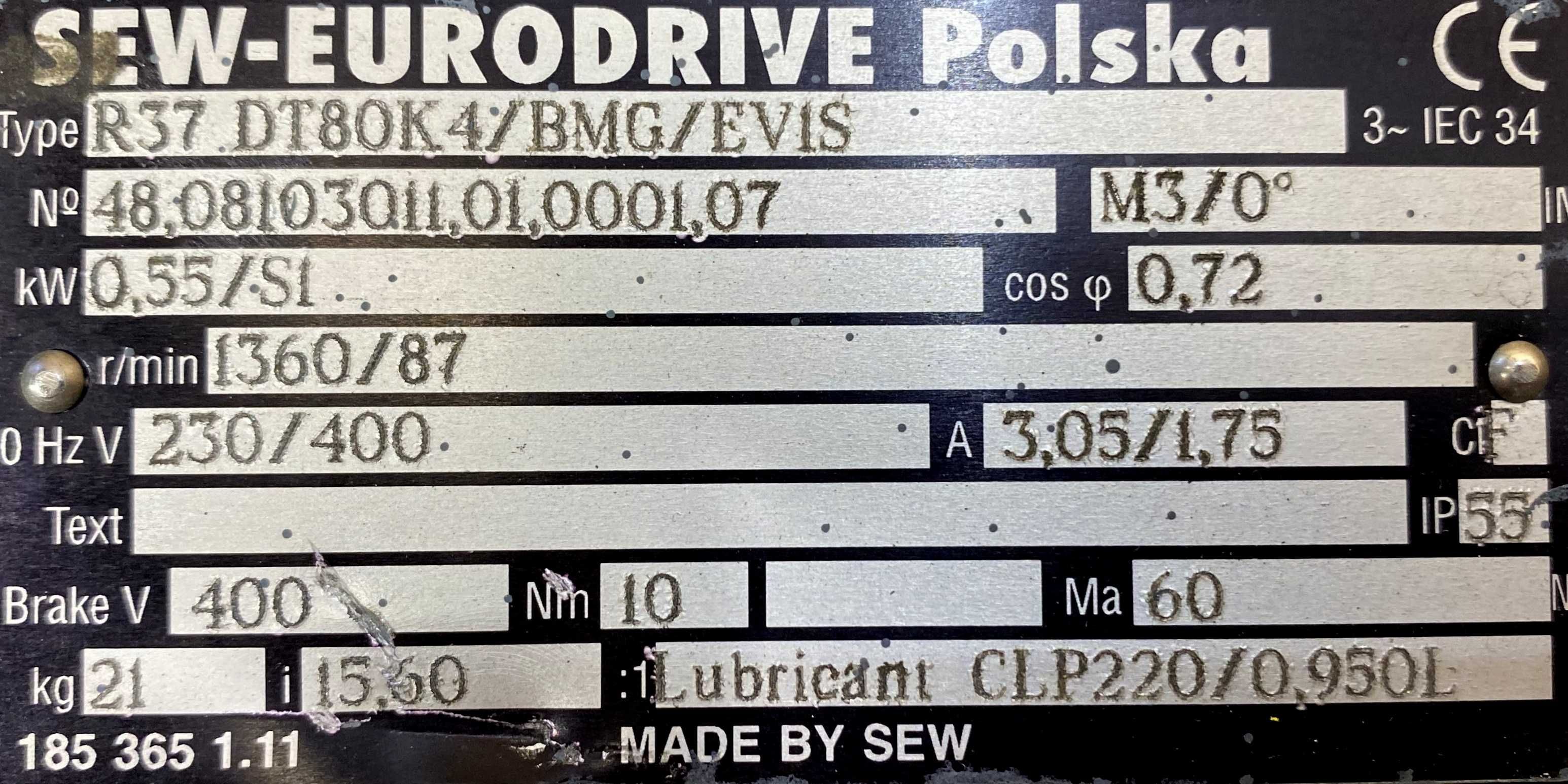 motoreduktor / przekładnia 0,55kW 87obr. 3fazowy HAMULEC SEW