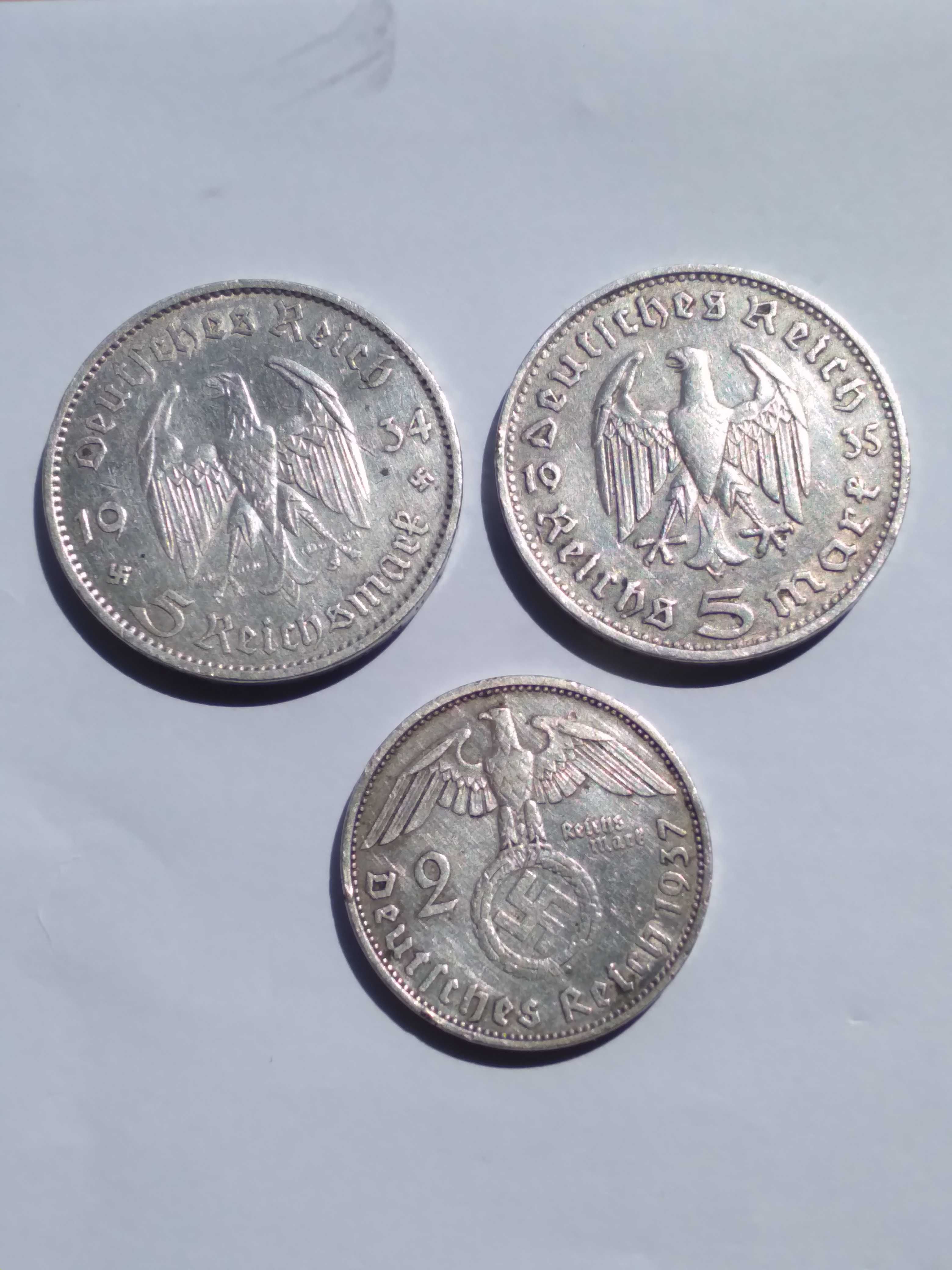 Zestaw monet 5 marek 1934, 1935, 2 marki 1937, 3 x 200 złotych prl