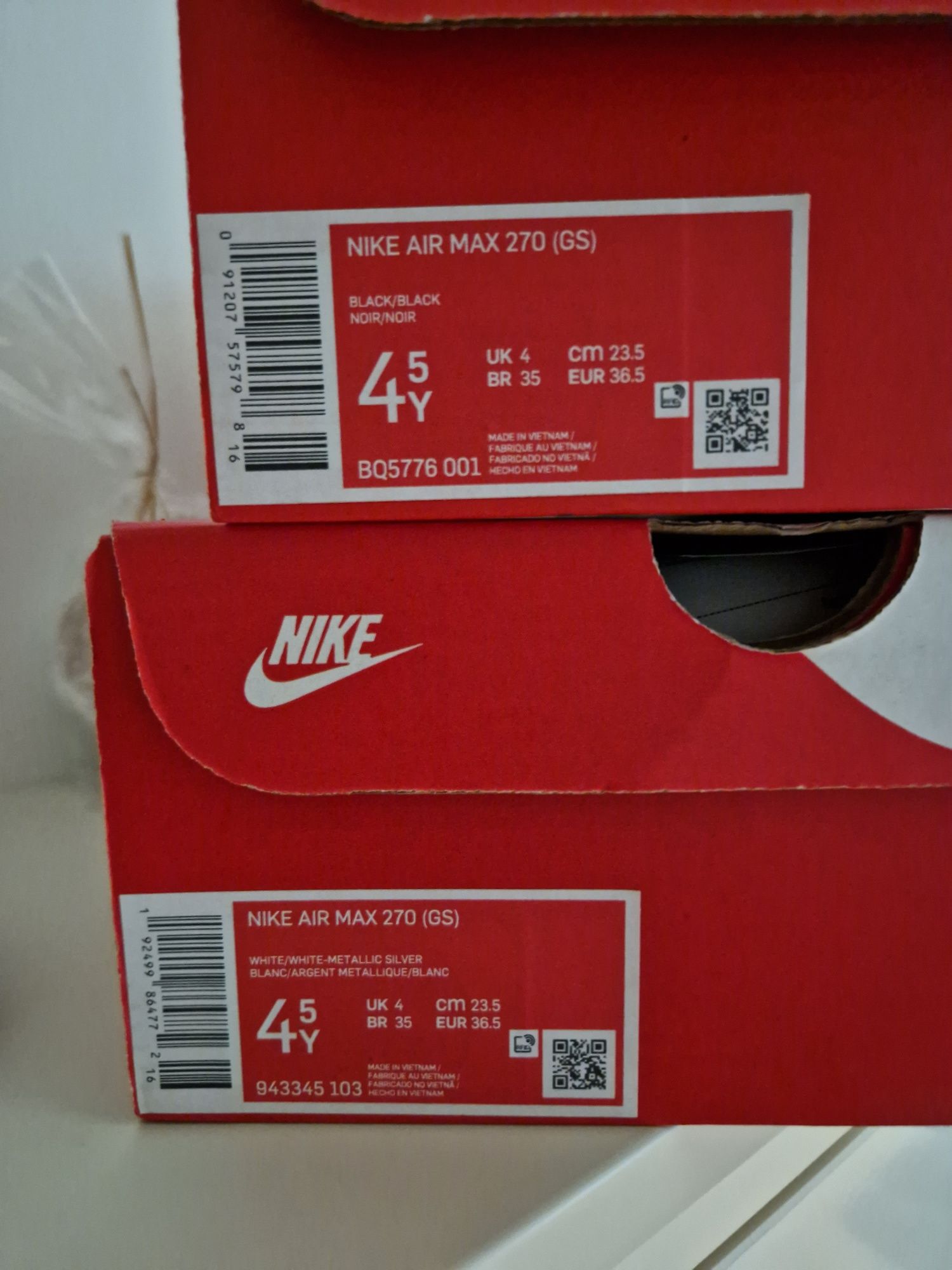 Nike air max 270 (gs) 2 pary: czarne i białe. R.36.5. Gwarancja 6.2024