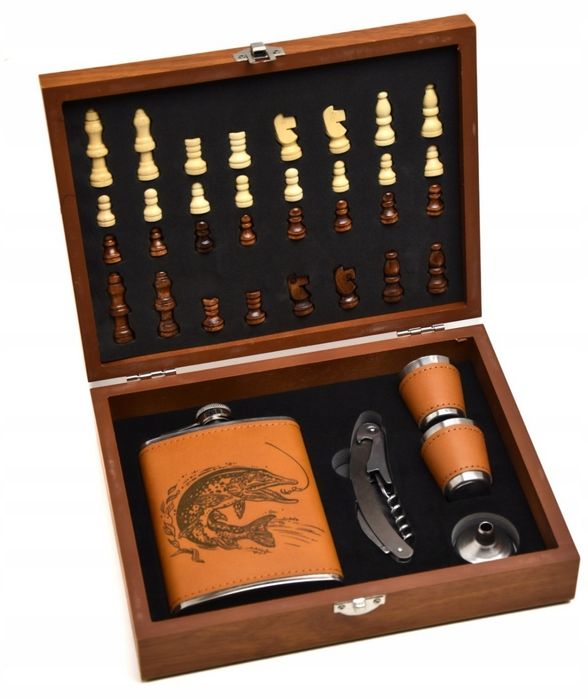 Zestaw Piersiówka Szachy Kieliszki Drewn Prezent Dla Wędkarzy Wędkarza