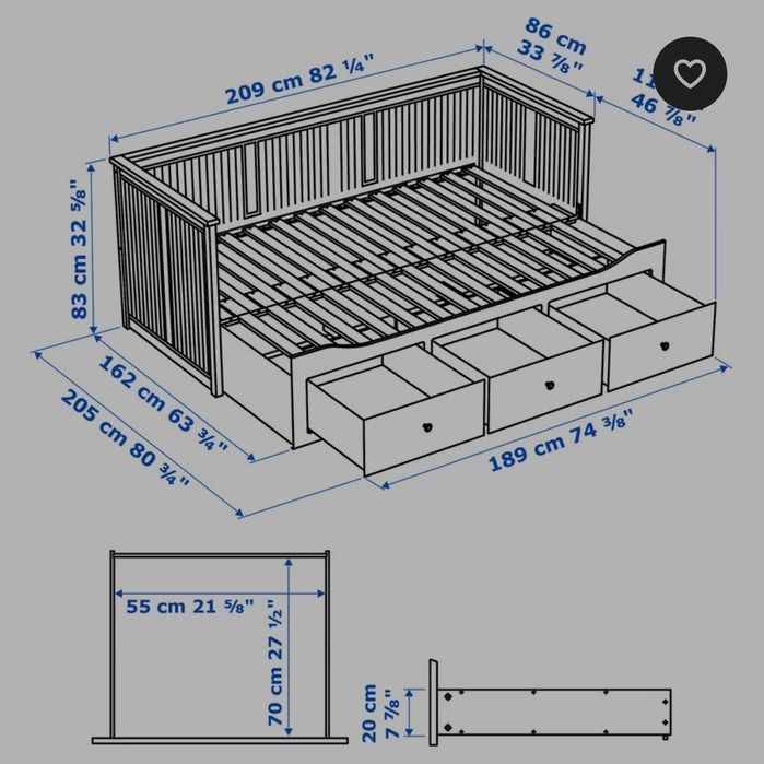 Cama Hemnes com 3 gavetas, branca, extensivel. Inclui 2 colchões.