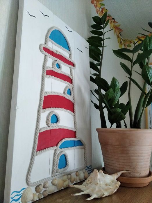 Картина з дерева та джуту "Маяк" на щиті | woodlikelove