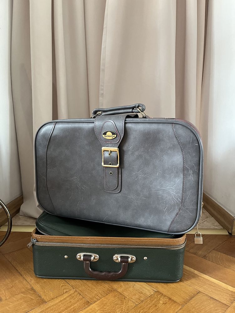 Walizka vintage szara nowa i zielona uszkodzona