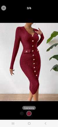 Nowa sukienka bordowa prążkowana midi czerwona z guzikami długi rękaw