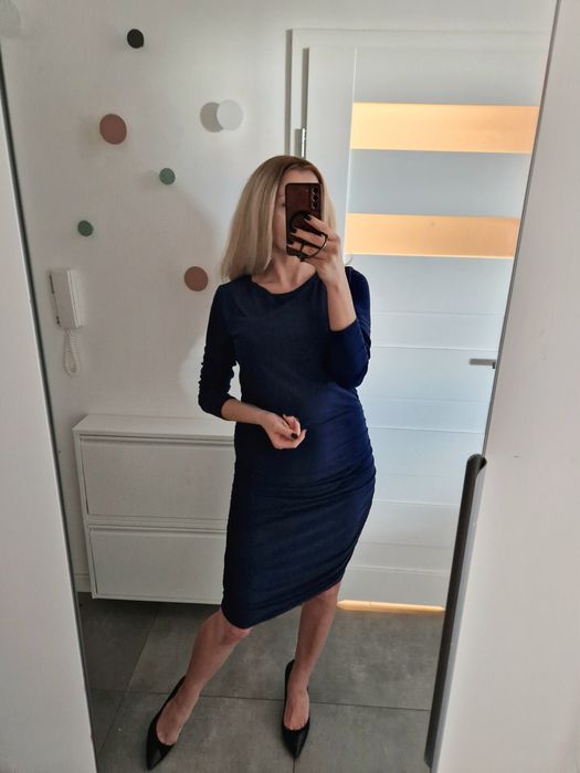 Liberte M 38 L 40 dzianinowa sukienka midi na co dzien do pracy granat