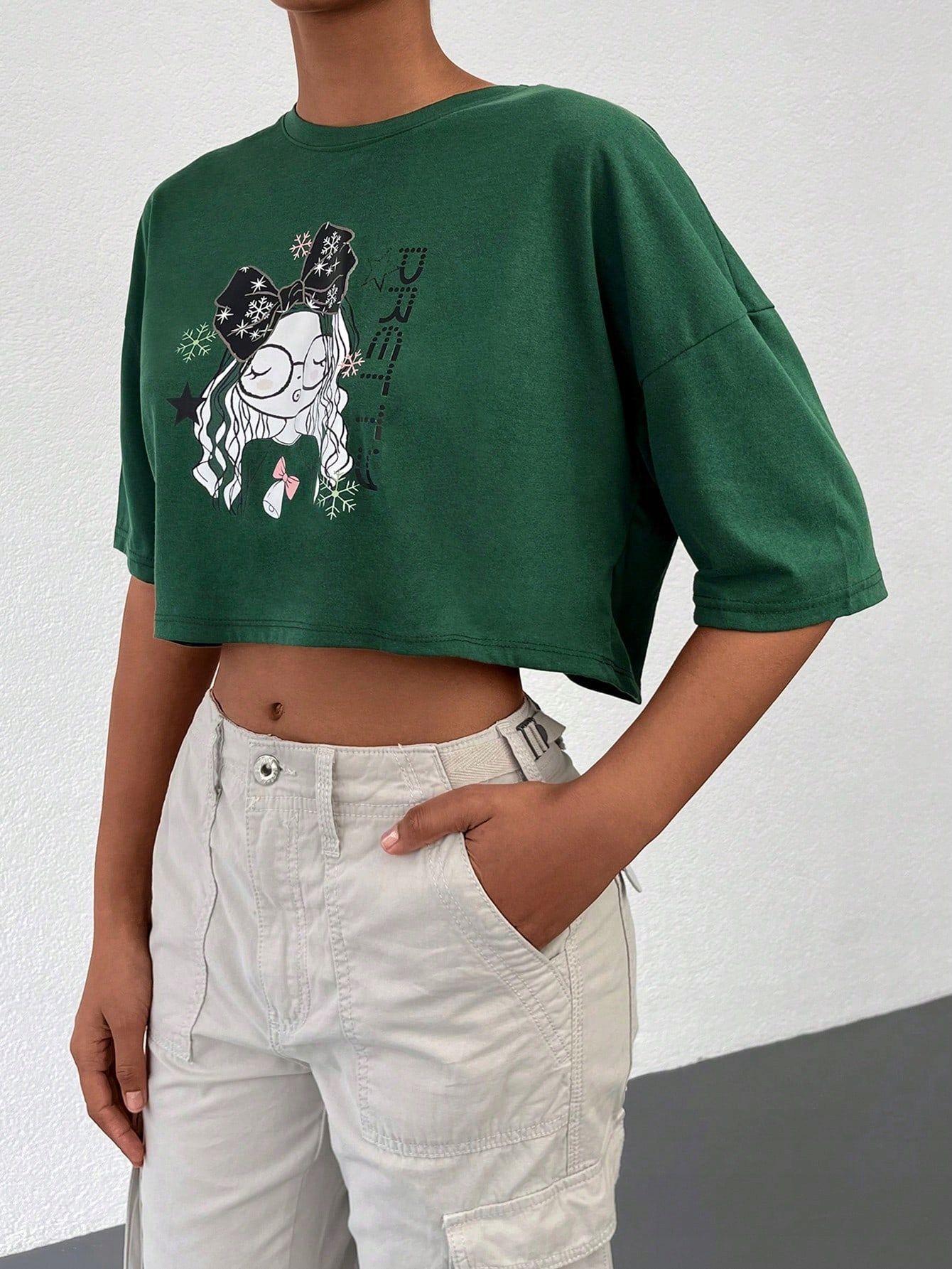 T-Shirt Cropped Bawełniany Ze Sloganem Nadruk Zielony Casual Shein S