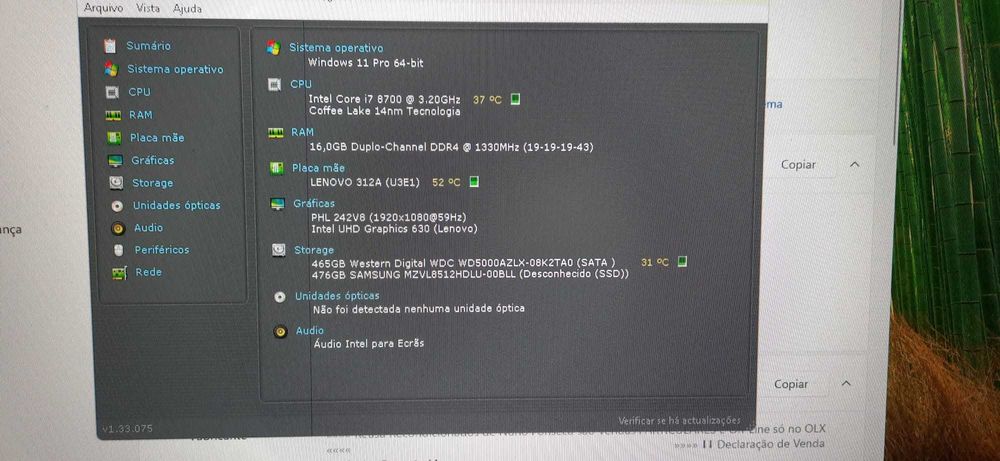 Pack Pç Lenovo M720S+Lcd 22"P 8ªG|I7-8700|16G|NVMe512+HD1TB|5G+BT|W11
