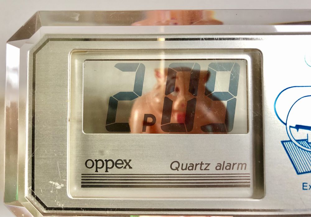 Retro zegarek budzik LCD kwarcowy Oppex reklama OTIS przeźroczysty vtg