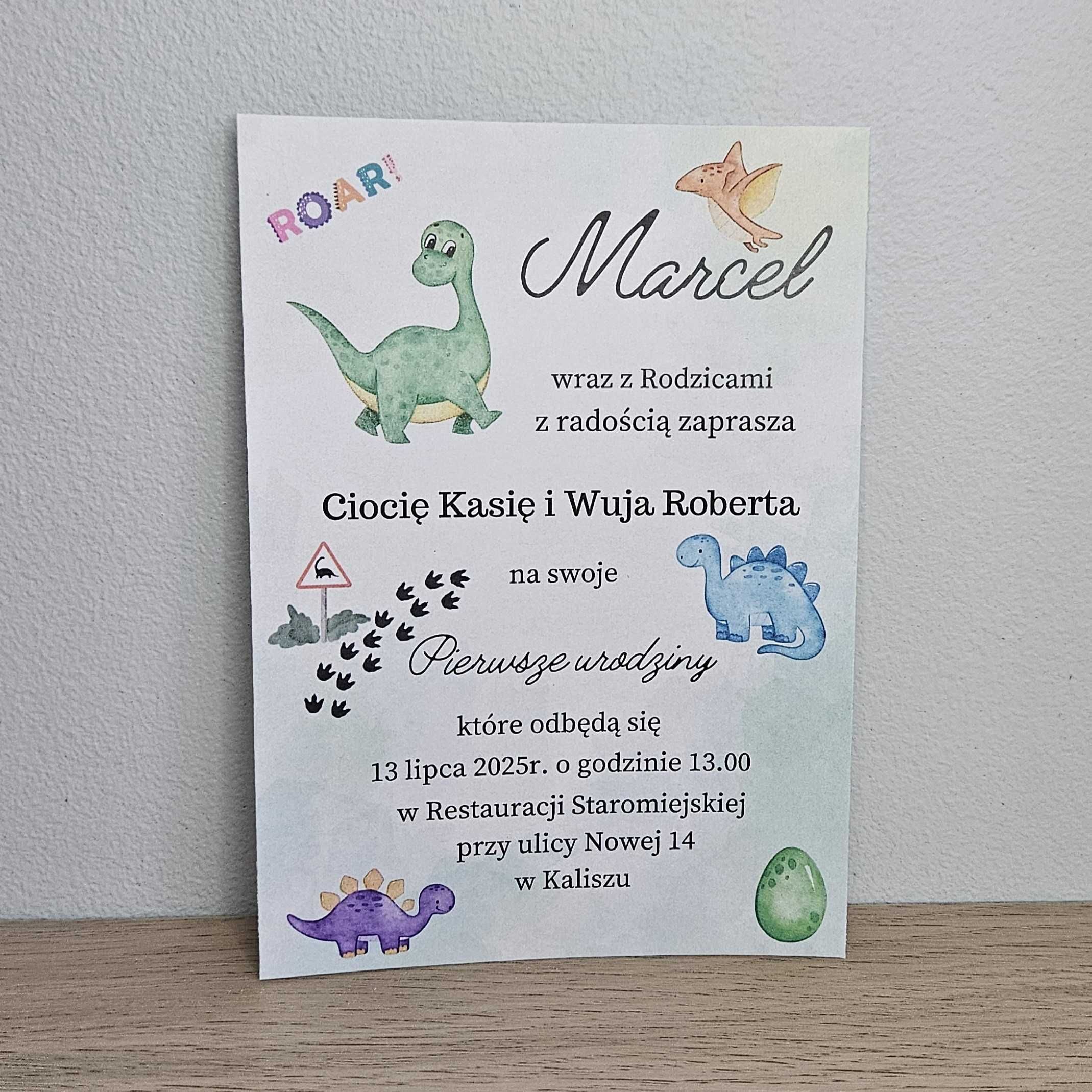 Zaproszenie, urodziny, roczek - dinozaury - personalizowane + koperta