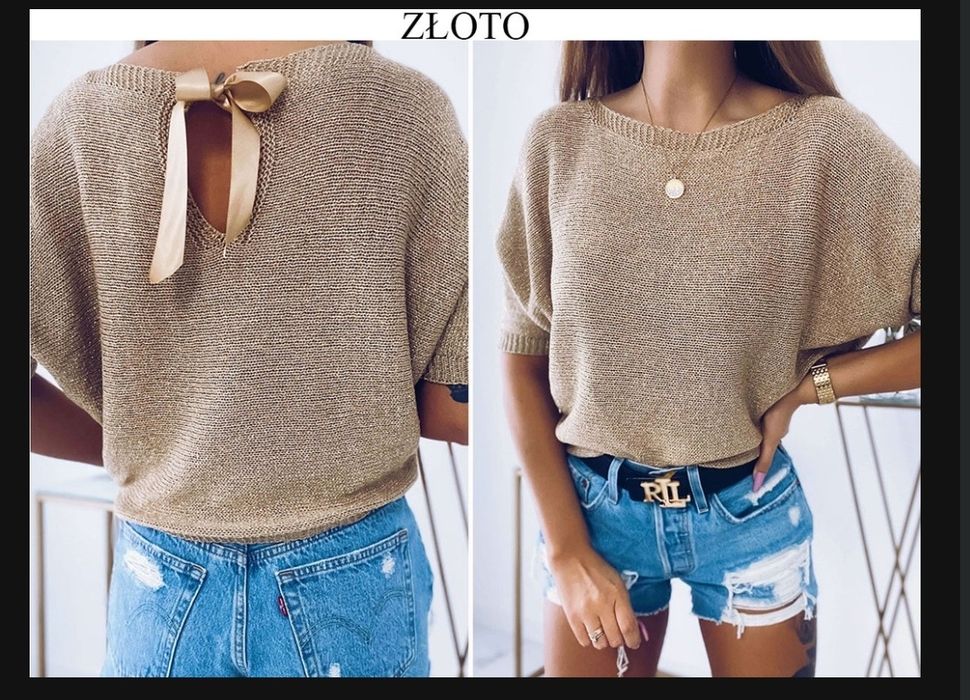 Ażurowa bluzka wiązania złota S/M