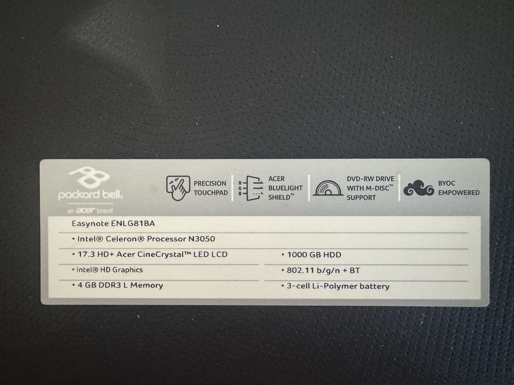 Ноутбук Packard bell, 17.3 HD, Intel (R) Celeron CPU N3050, 1.60 GHz