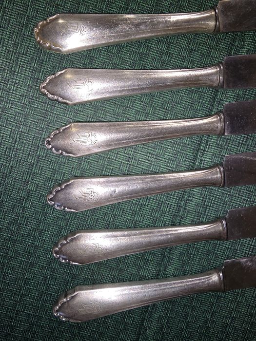 Zestaw Niemieckich posrebrzanych sygnowanych noży 6 sztuk stan bdb
