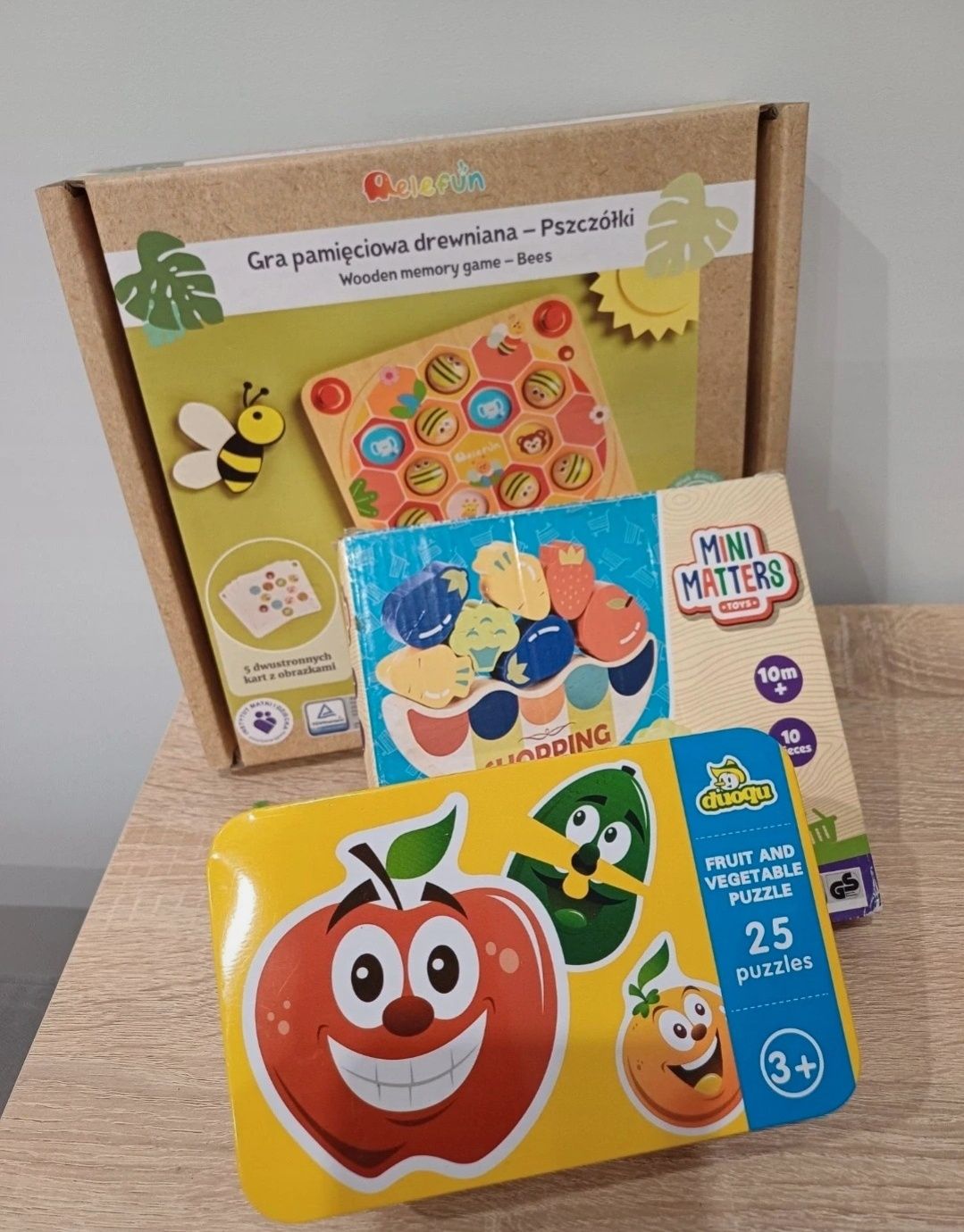 Drewniany zestaw Montessori,memory, drewniane puzzle owoce i warzywa,p
