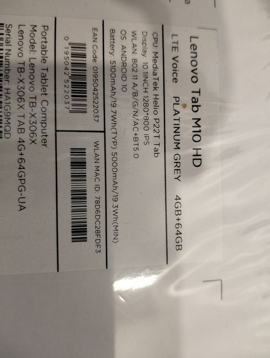 Планшет 10" Lenovo Tab M10 HD 4/64 SIM 4G