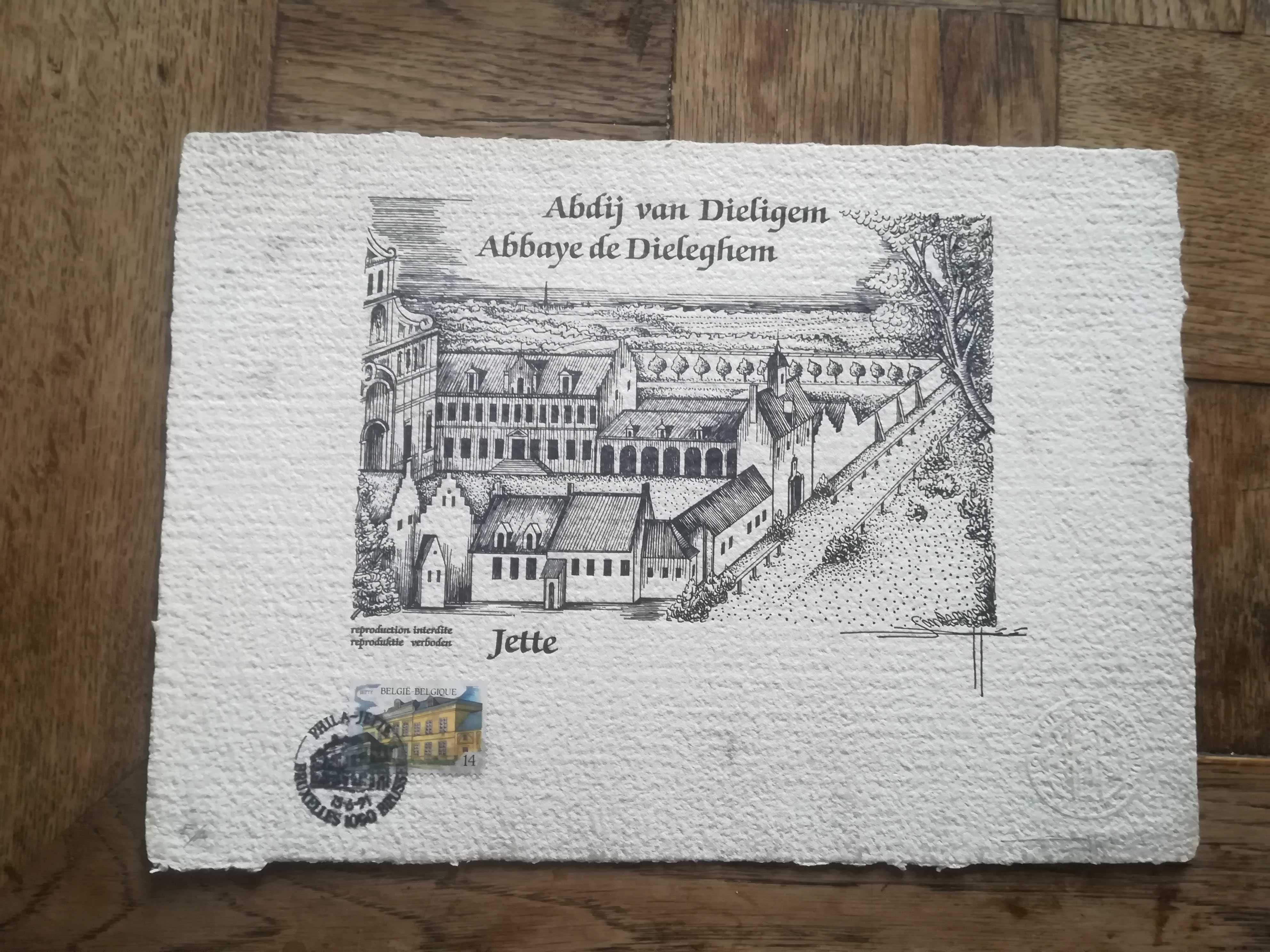 Grafika ze znaczkiem pocztowym opactwo Dieligem Jette Belgia