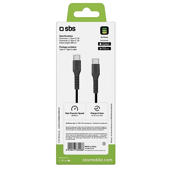 Kabel SBS TECABLETCC3M USB-C - USB-C 3m - czarny