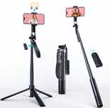 Tripod do telefonu. Selfie stick stojący z lampą. Marchpower