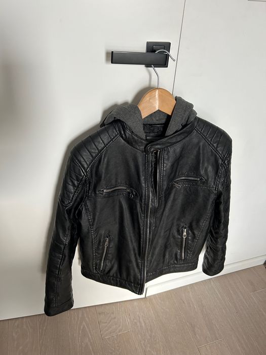 Kurtka skórzana chłopięca/męska czarna 164 cm z kapturem