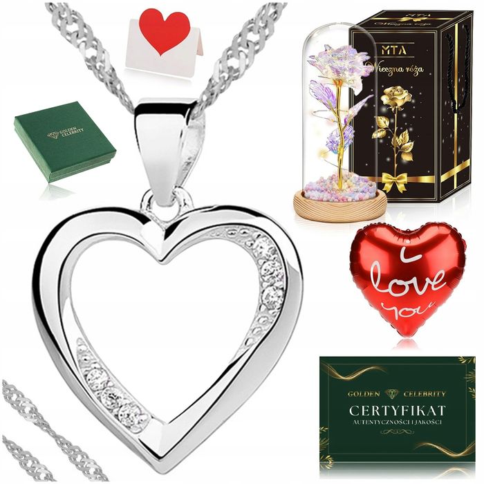 Srebrny Damski Naszyjnik Serce 925/585 Łańcuszek Zawieszka+róża Wieczn