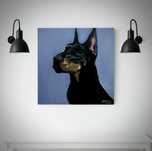 Dumny Doberman na szarym tle