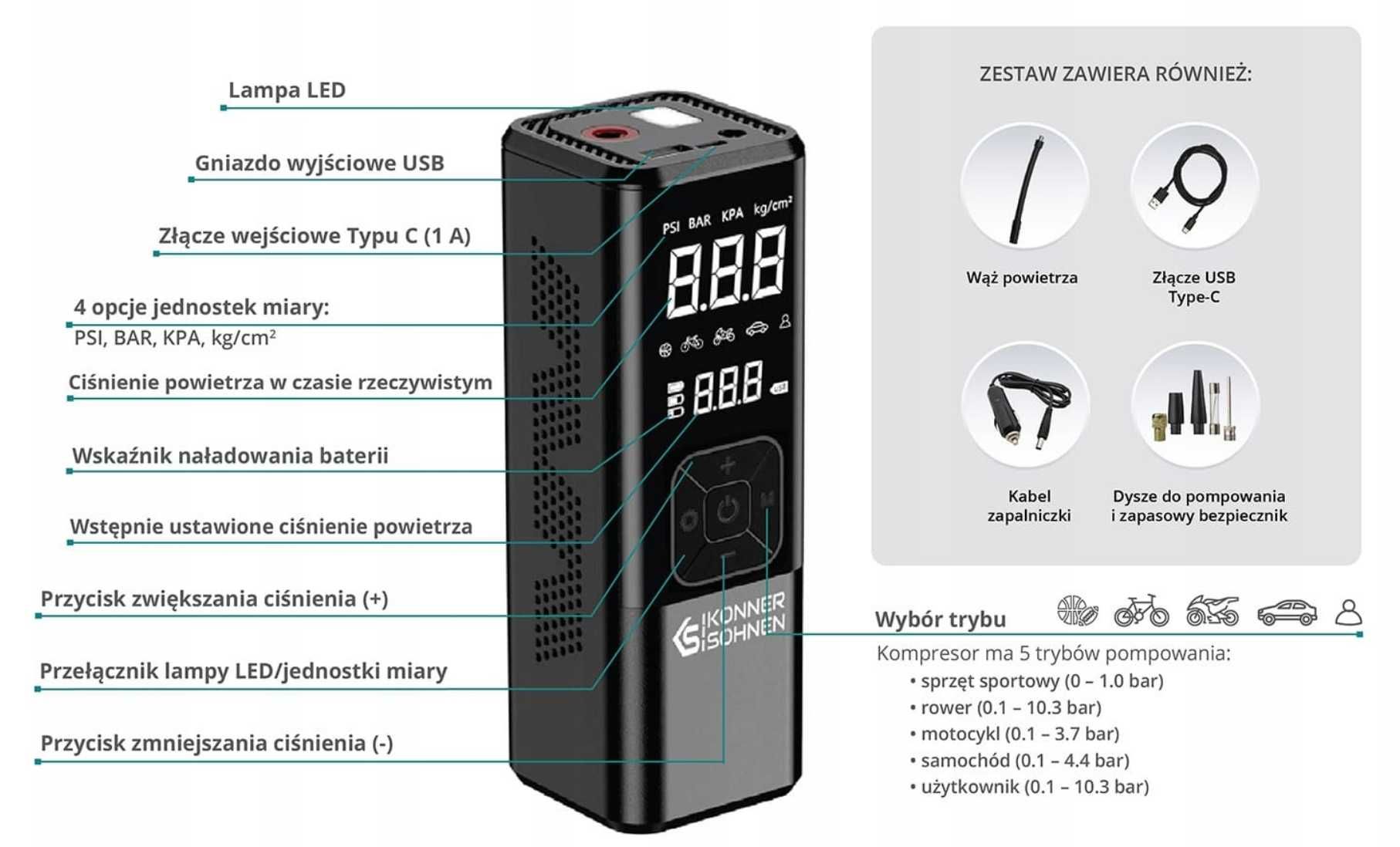 Kompresor akumulatorowy powerbank 6000 mAh mini sprężarka KS [KOM232]