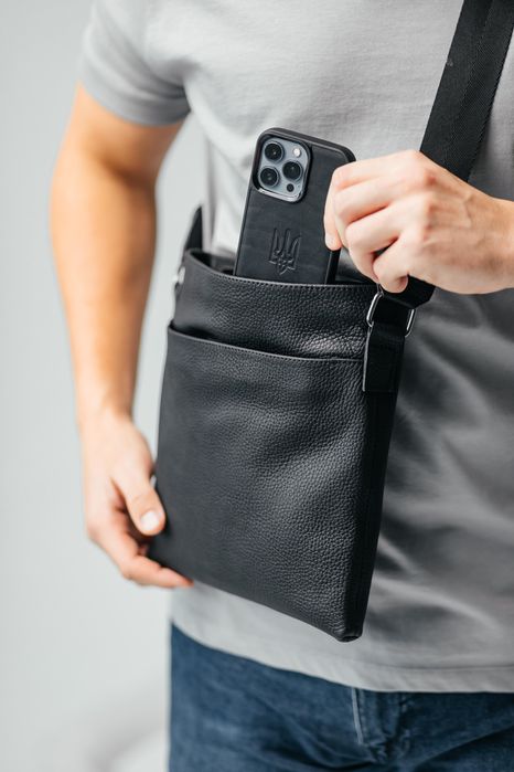 Мужская сумка Флеш Ап черная из натуральной кожи, барсетка через плечо