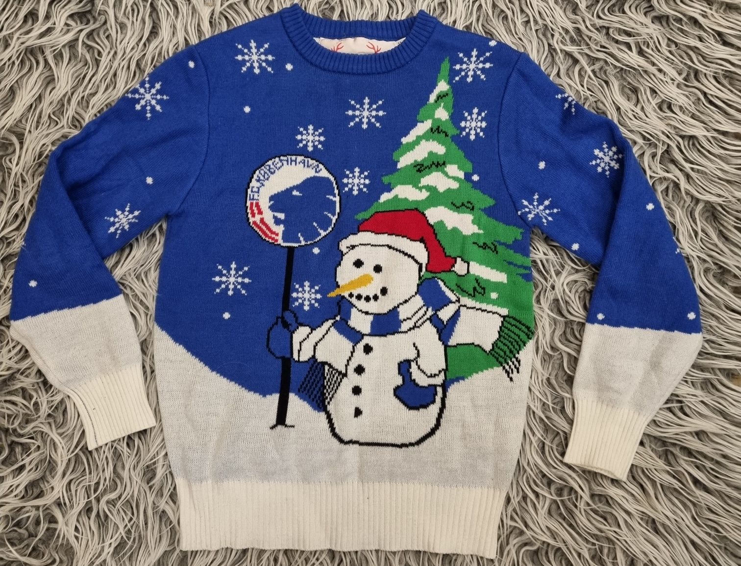 Sweterek 146 152 na święta świąteczny niebieski dla chłopca