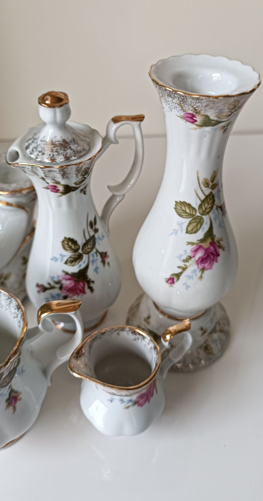 Nowa piękna porcelana Chodzież Róża Iwona złota 5szt świecznik dzbanki