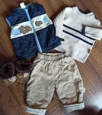 Ocieplane spodnie, kamizelka, sweter, buty skórzane rozmiar 68