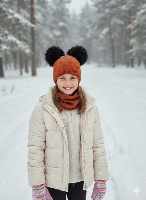 Komplet dla dziewczynki 8-16 lat: czapka z pomponami i komin, Ciepły.