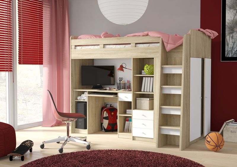 Łóżko piętrowe z biurkiem i szafą Unit
